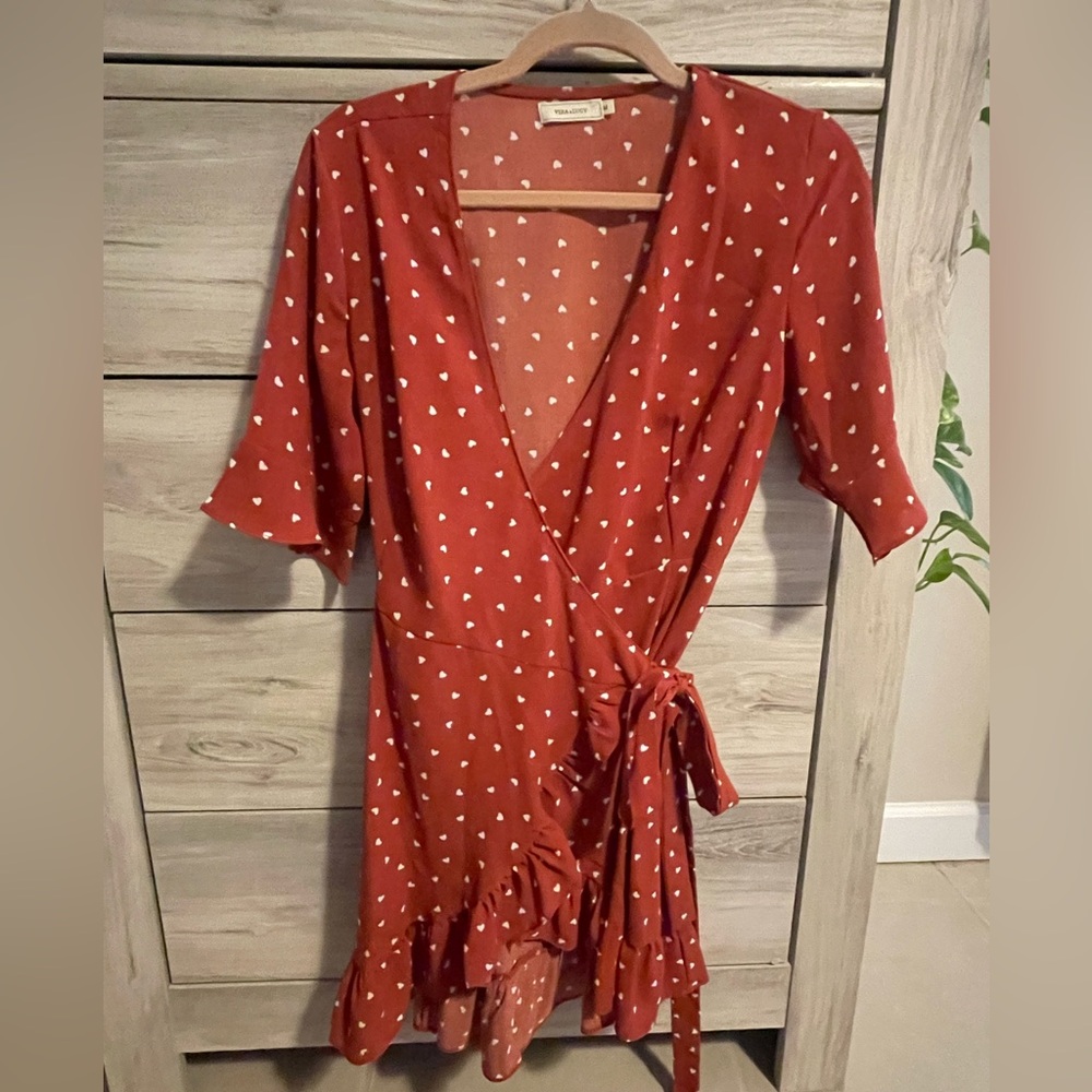 Women's Rust Red Wrap Dress with White Heart Print